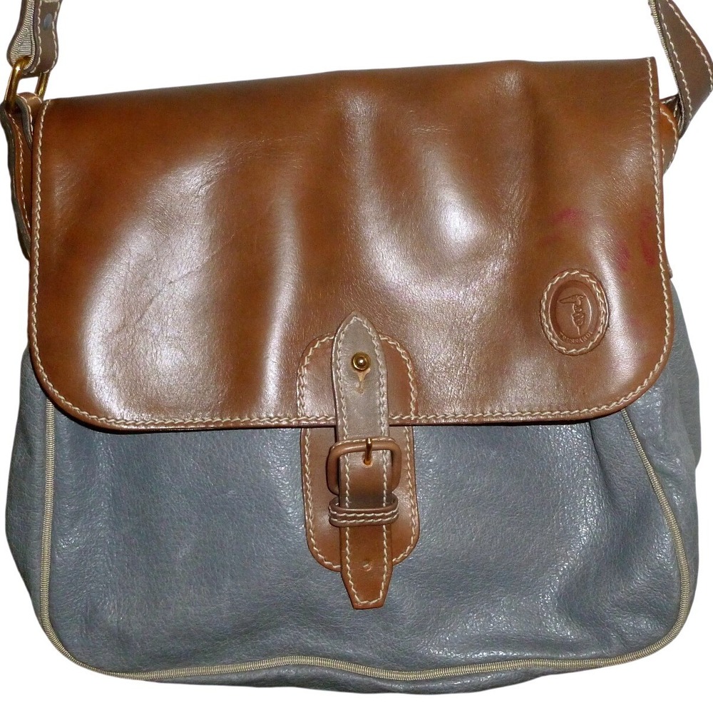 Trussardi Vintage Italian Leather Crossbody Messenger Bag Gray Brown Two Tone